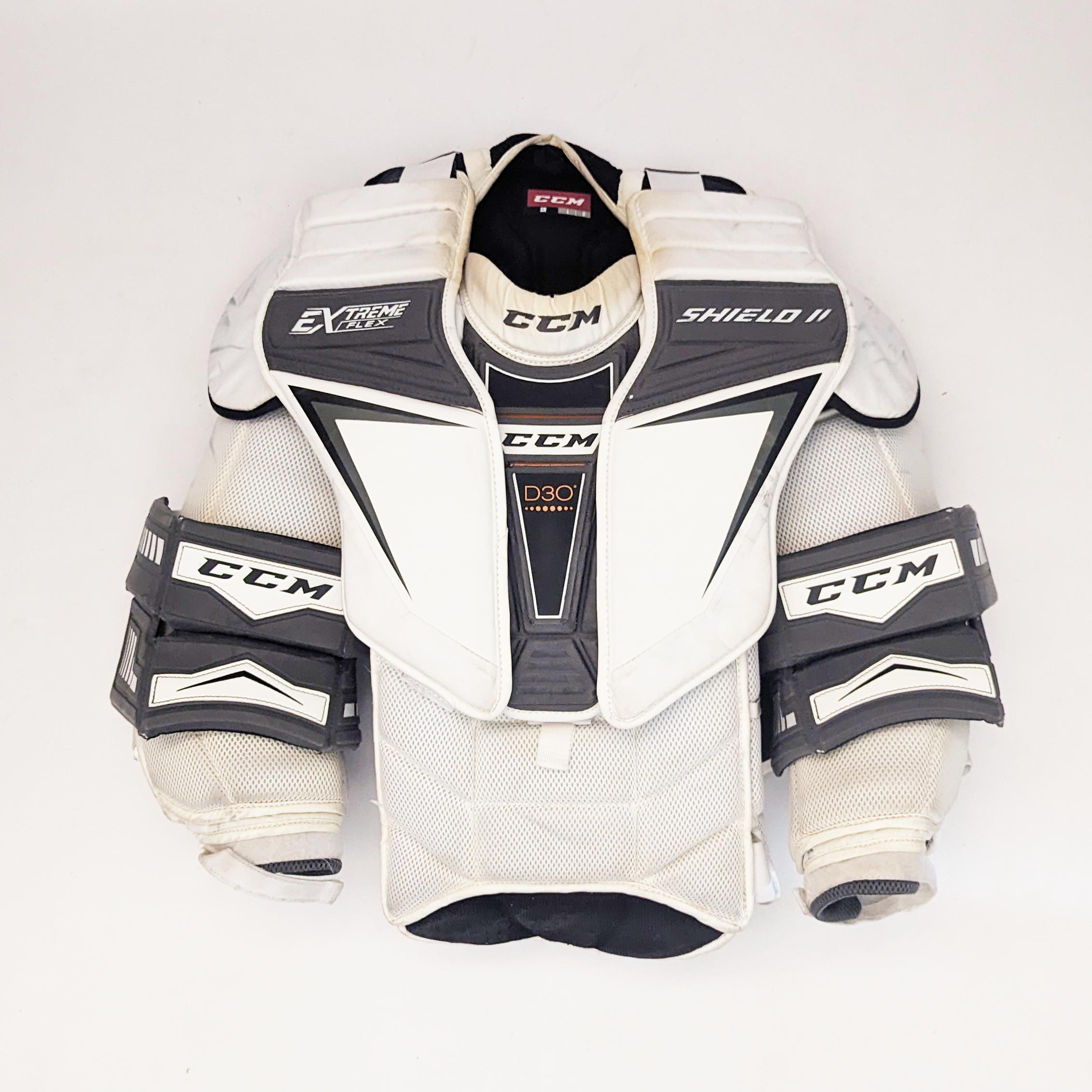 CCM Extreme Flex Shield II - Plastron de gardien de but Pro Stock d'occasion (blanc/gris)